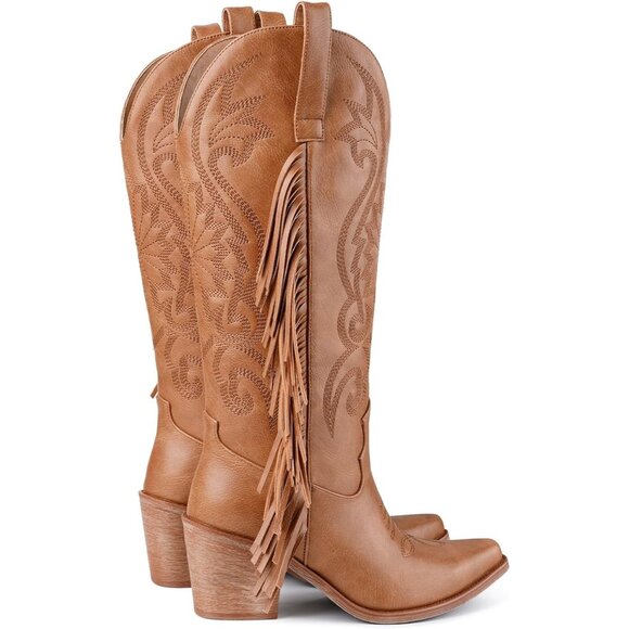 Women's Brown Pointed Toe Wide Calf Fringe Cowgirl Knee High Chunky Heel Boots - Picture 8 of 8